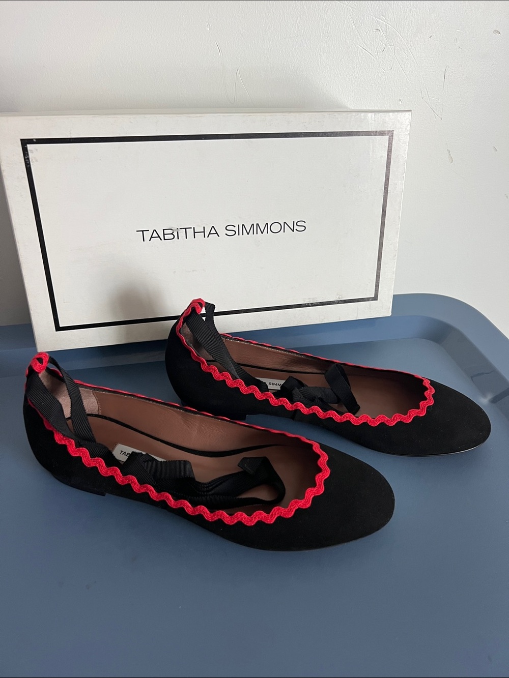 Tabitha Simmons daria red ricrac black kidsuede suede leather ballet flats 38